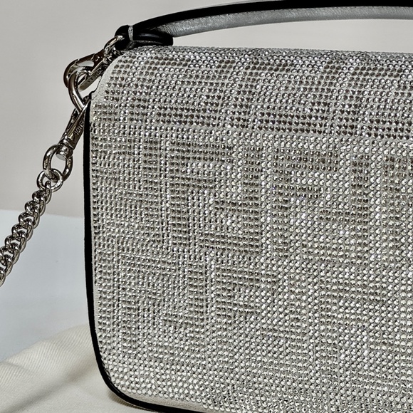 Fendi Baguette Mini Silver Crystal-Embellished Shoulder Bag With FF Motif - Picture 12 of 16